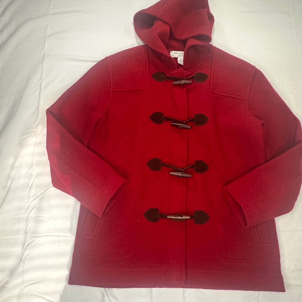 Jones New York Sport Petite Red Wool Duffle Coat Vintage Y2K Toggle Hooded P/P